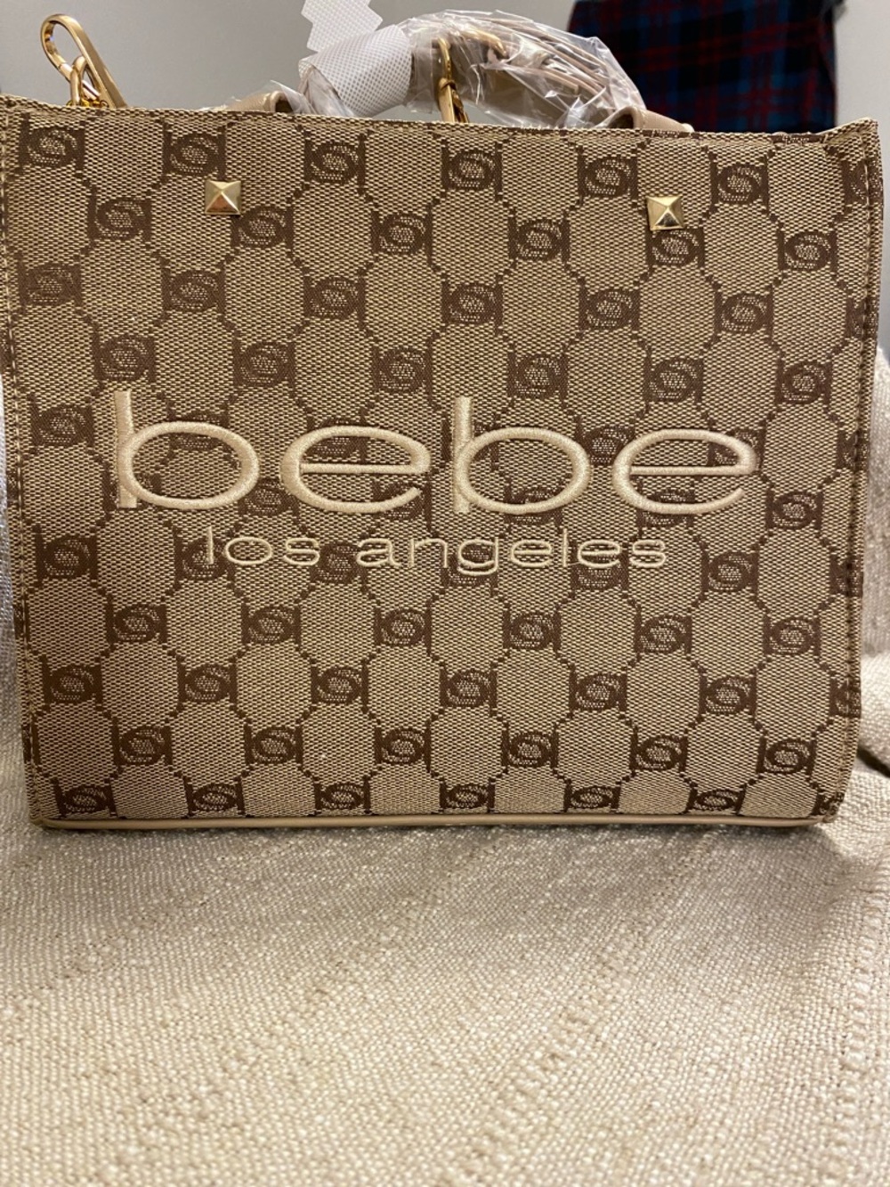 bebe Beige and Brown Monogram Logo Tote